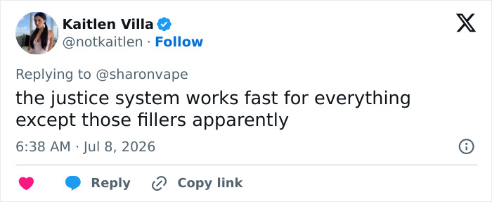 Screenshot of a tweet by Kaitlen Villa replying to sharon vape about Mackenzie Shirilla, discussing justice system speed. Screenshot of a tweet by Kaitlen Villa replying to sharon vape about Mackenzie Shirilla, discussing justice system speed.