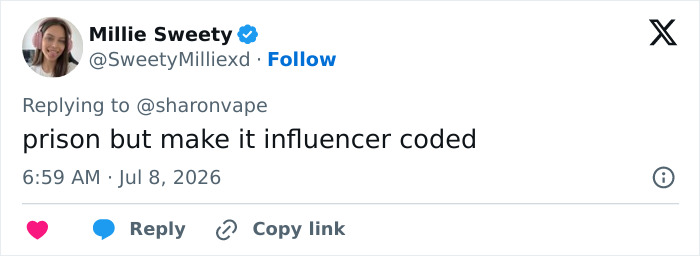 Millie Sweety's tweet on Mackenzie Shirilla's prison photo and influencer coding. Millie Sweety's tweet on Mackenzie Shirilla's prison photo and influencer coding.