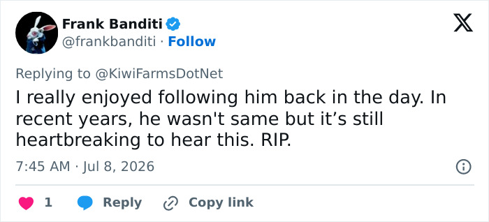 Screenshot of a tweet from a fan expressing sadness about the looksmaxxer's life and recent changes.