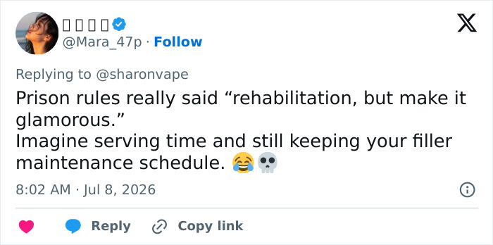 A social media post questioning prison rules and glamorous rehabilitation regarding Mackenzie Shirilla's new prison photo. A social media post questioning prison rules and glamorous rehabilitation regarding Mackenzie Shirilla's new prison photo.