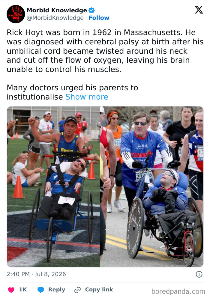 A man with cerebral palsy participating in a marathon with his father pushing his wheelchair.