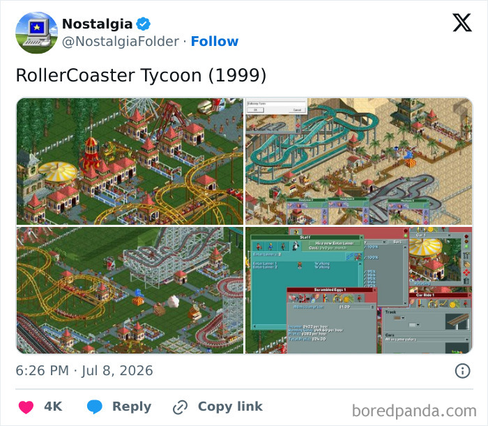 A split image displaying RollerCoaster Tycoon gameplay, a game from the nostalgia folder that might make you remember.