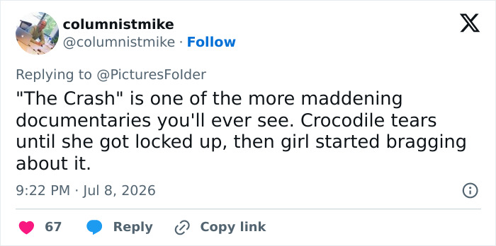 A social media post from 'columnistmike' commenting on Mackenzie Shirilla's prison selfie and stirring controversy. A social media post from 'columnistmike' commenting on Mackenzie Shirilla's prison selfie and stirring controversy.