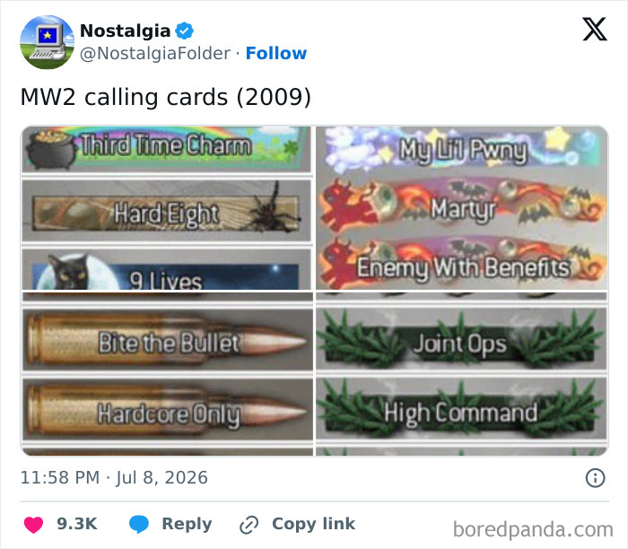 A collage of MW2 calling cards from 2009, including designs like Bite the Bullet and Joint Ops, sparking nostalgia.