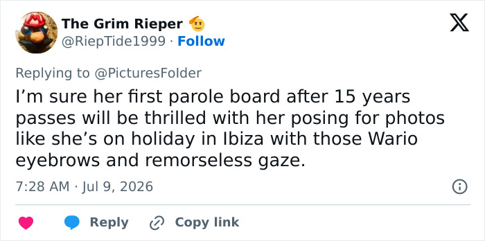 A social media post from 'The Grim Rieper' commenting on Mackenzie Shirilla's prison selfie and stirring controversy. A social media post from 'The Grim Rieper' commenting on Mackenzie Shirilla's prison selfie and stirring controversy.