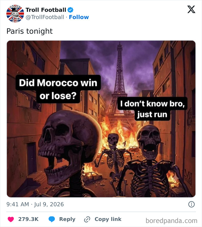 A World Cup 2026 meme with skeletons running in Paris with Eiffel Tower on fire, representing the chaos.