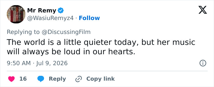 Tweet expressing grief after Bonnie Tyler passes away, noting her music will always be loud in our hearts. Tweet expressing grief after Bonnie Tyler passes away, noting her music will always be loud in our hearts.