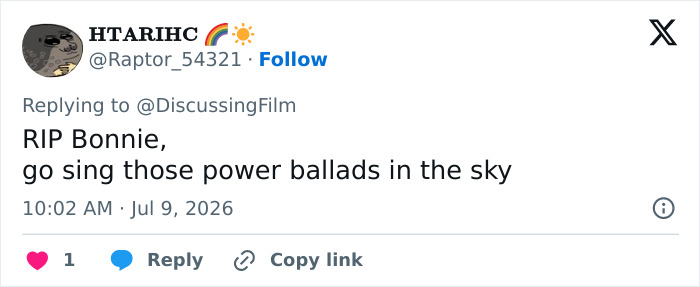 Screenshot of a tweet expressing RIP Bonnie Tyler, after the icon's passing due to a medical emergency. Screenshot of a tweet expressing RIP Bonnie Tyler, after the icon's passing due to a medical emergency.