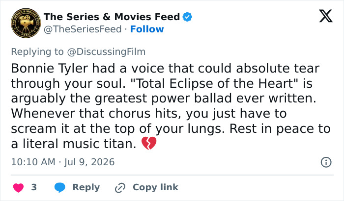 A tweet about Bonnie Tyler passing away, praising her voice and her song Total Eclipse of the Heart. A tweet about Bonnie Tyler passing away, praising her voice and her song Total Eclipse of the Heart.