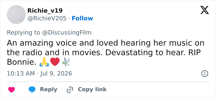 Screenshot of a tweet mourning the passing of Bonnie Tyler, an icon who passed away after a medical emergency. Screenshot of a tweet mourning the passing of Bonnie Tyler, an icon who passed away after a medical emergency.