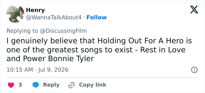 Tweet honoring Bonnie Tyler after she passes away, calling 'Holding Out For A Hero' one of the greatest songs. Tweet honoring Bonnie Tyler after she passes away, calling 'Holding Out For A Hero' one of the greatest songs.
