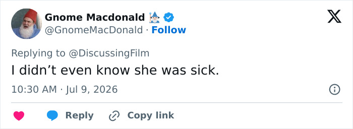 Tweet from Gnome Macdonald surprised by Bonnie Tyler's passing, unaware of her medical emergency. Tweet from Gnome Macdonald surprised by Bonnie Tyler's passing, unaware of her medical emergency.