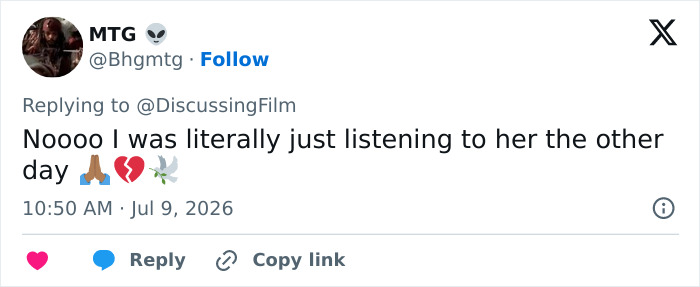 A tweet expressing shock and sadness about Bonnie Tyler passing away, noting recent listening. A tweet expressing shock and sadness about Bonnie Tyler passing away, noting recent listening.
