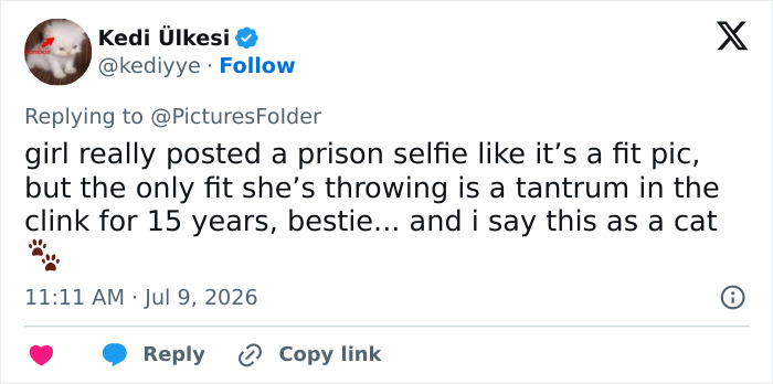 A social media post from 'Kedi Ülkesi' commenting on Mackenzie Shirilla's prison selfie and stirring controversy. A social media post from 'Kedi Ülkesi' commenting on Mackenzie Shirilla's prison selfie and stirring controversy.