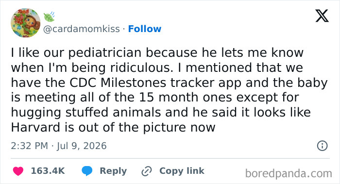 A meme about raising kids, featuring a parent discussing their pediatrician's humorous take on baby milestones and expectations.