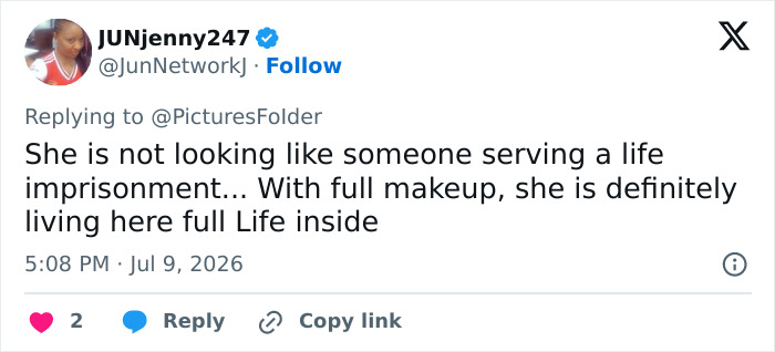 JUNJenny247's tweet about Mackenzie Shirilla's prison selfie, discussing her appearance and controversy. JUNJenny247's tweet about Mackenzie Shirilla's prison selfie, discussing her appearance and controversy.