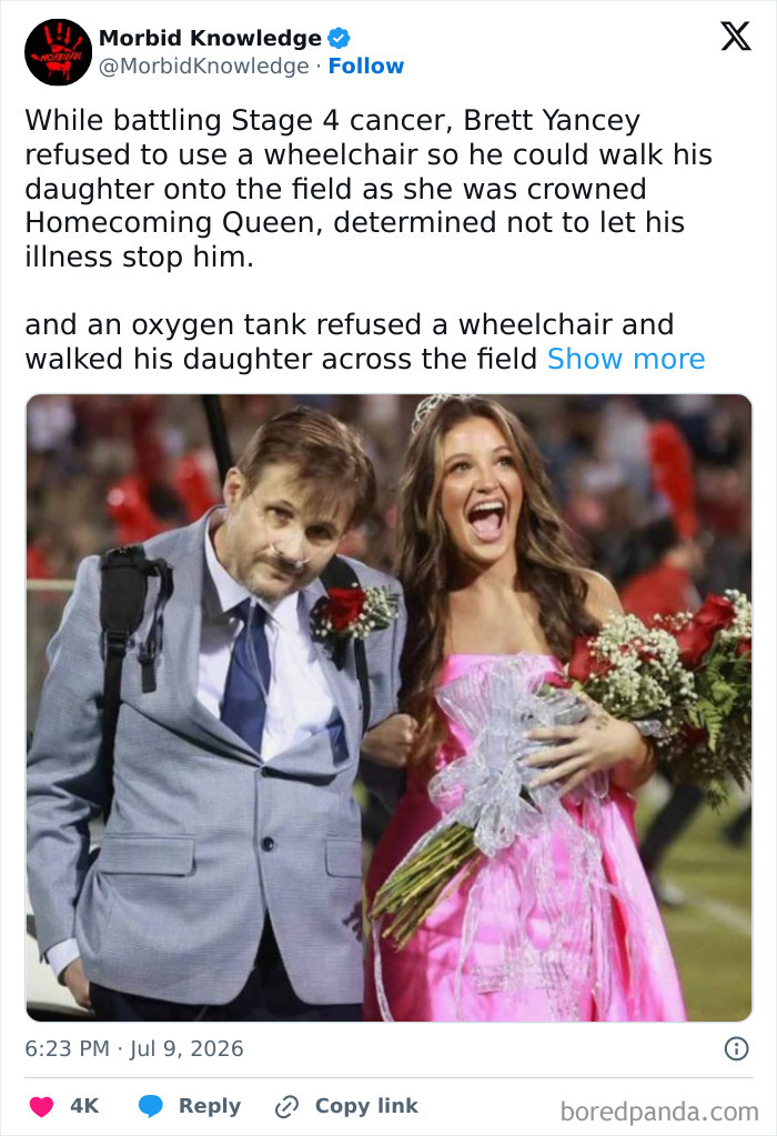 A father with Stage 4 cancer walking his daughter at homecoming, a sad but determined moment.