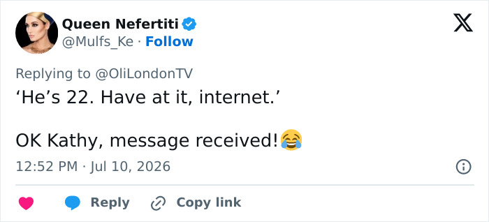 Tweet by Queen Nefertiti humorously responding to the revealed relationship of a star in her 60s and a 22-year-old. Tweet by Queen Nefertiti humorously responding to the revealed relationship of a star in her 60s and a 22-year-old.
