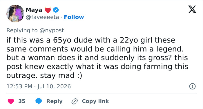 Tweet by Maya discussing the public reaction to a star in her 60s revealing her relationship with a 22-year-old. Tweet by Maya discussing the public reaction to a star in her 60s revealing her relationship with a 22-year-old.