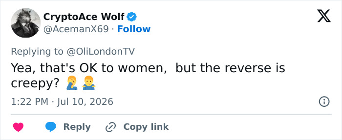 Tweet by CryptoAce Wolf asking about the double standard in relationships between older women and younger men. Tweet by CryptoAce Wolf asking about the double standard in relationships between older women and younger men.