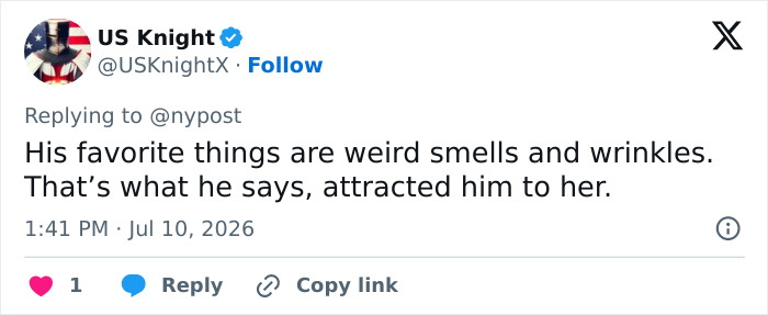 A Twitter post discussing a star in her 60s and her relationship with a 22-year-old, mentioning his attraction to her. A Twitter post discussing a star in her 60s and her relationship with a 22-year-old, mentioning his attraction to her.