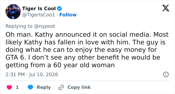 Tweet by Tiger Is Cool discussing Kathy Griffin's relationship with a 22-year-old and potential motives. Tweet by Tiger Is Cool discussing Kathy Griffin's relationship with a 22-year-old and potential motives.