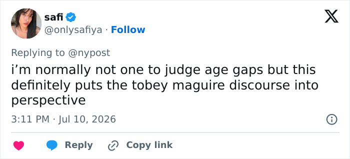 Tweet by safi commenting on the relationship age gap and its comparison to Tobey Maguire discussions. Tweet by safi commenting on the relationship age gap and its comparison to Tobey Maguire discussions.
