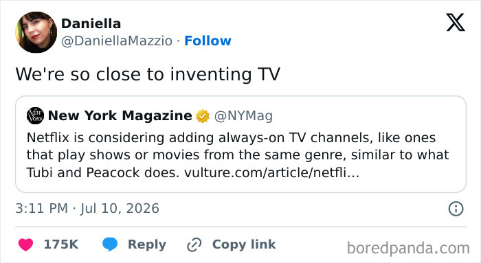 A tweet from Daniella featuring a New York Magazine article about Netflix adding TV channels, a funny tweet from July.