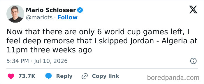 World Cup 2026 tweet about regretting skipping a game, expressing remorse for missed World Cup chaos.