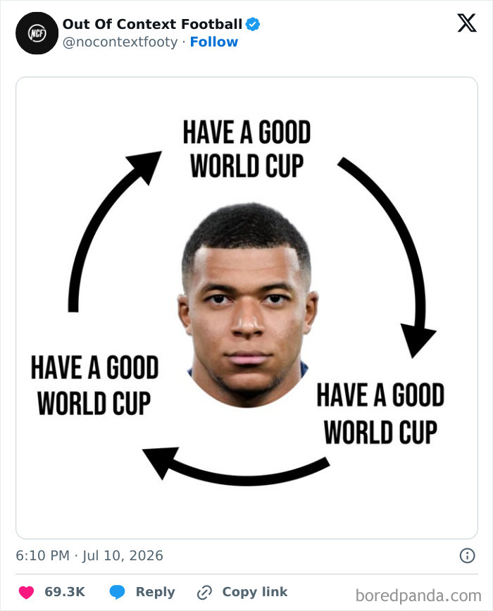 A World Cup 2026 meme showing Kylian Mbappes head with arrows pointing to text saying Have a good World Cup.