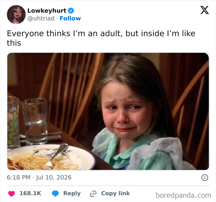 Unhinged tweets from July showing a crying child at a table with a plate of spaghetti.