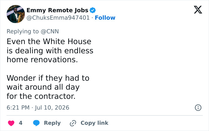 Twitter user Emmy Remote Jobs discussing White House renovations, a bad habit, and its impact on Melania. Twitter user Emmy Remote Jobs discussing White House renovations, a bad habit, and its impact on Melania.