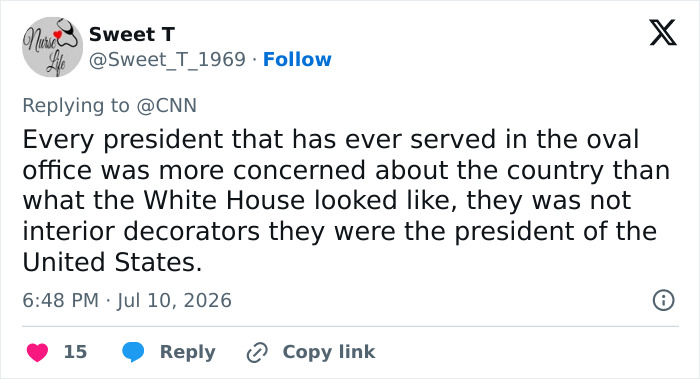 Sweet T Twitter user commenting on presidents focusing on the country rather than White House appearance, a bad habit, and Melania. Sweet T Twitter user commenting on presidents focusing on the country rather than White House appearance, a bad habit, and Melania.