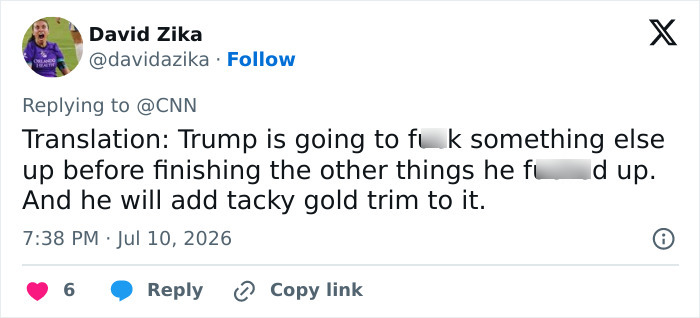 Tweet by David Zika about Trump disrespecting the White House with a bad habit, affecting Melania. Tweet by David Zika about Trump disrespecting the White House with a bad habit, affecting Melania.
