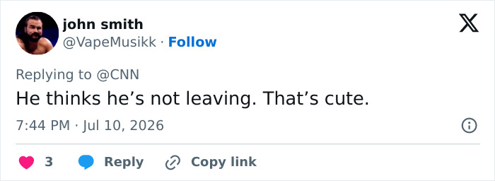 John Smith Twitter user commenting on Trump thinking he's not leaving, referring to his bad habit and disrespecting the White House. John Smith Twitter user commenting on Trump thinking he's not leaving, referring to his bad habit and disrespecting the White House.