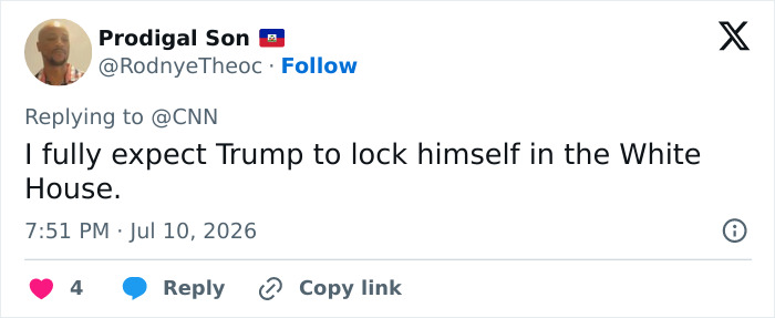 Tweet: Prodigal Son expects Trump to lock himself in the White House, highlighting his bad habit. Tweet: Prodigal Son expects Trump to lock himself in the White House, highlighting his bad habit.
