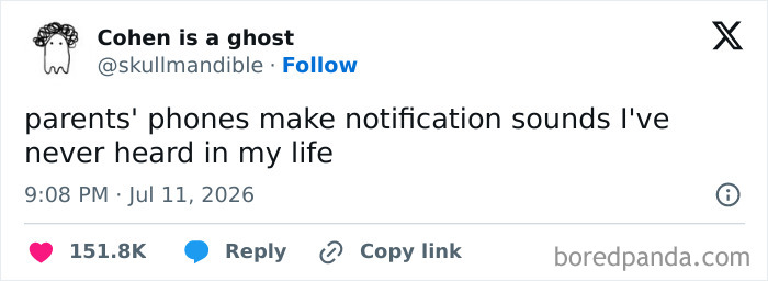 An unhinged tweet from July about parents' phone notification sounds, defining internet humor.