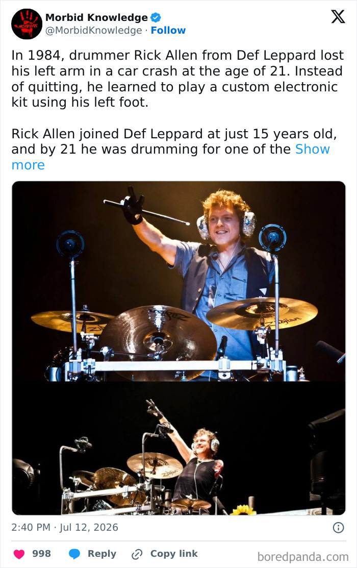 Drummer Rick Allen performing on stage after losing his arm, a sad but inspiring story of resilience.