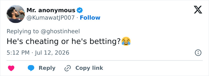 Screenshot of a tweet from Mr. anonymous saying, He's cheating or he's betting?, asking about the viral World Cup couple. Screenshot of a tweet from Mr. anonymous saying, He's cheating or he's betting?, asking about the viral World Cup couple.