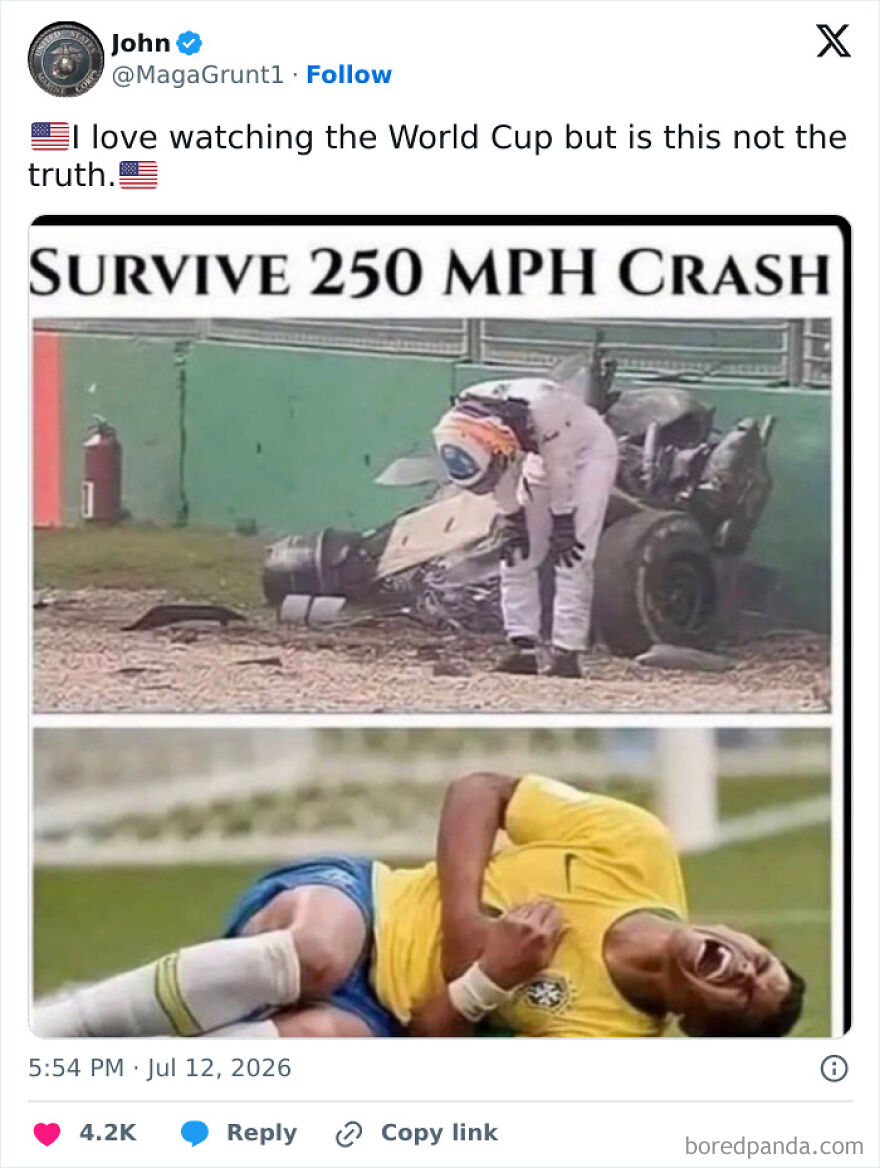 A World Cup meme showing a race car driver surviving a crash and a soccer player faking an injury.
