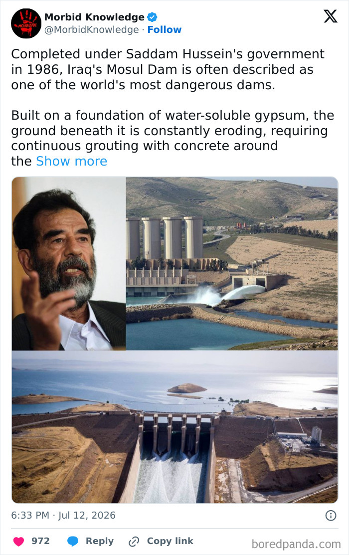 Image of the Mosul Dam and Saddam Hussein related to morbid and sad stories.