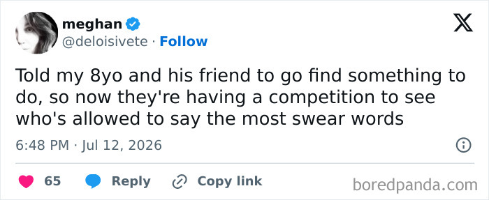 Funny meme about raising kids: Meghan tweet about her 8-year-old and friend having a swear word competition.