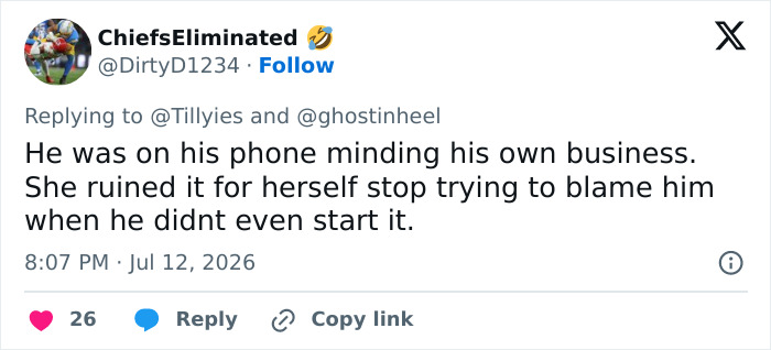 A tweet from ChiefsEliminated about the viral World Cup moment, claiming the woman ruined it, not the man. A tweet from ChiefsEliminated about the viral World Cup moment, claiming the woman ruined it, not the man.