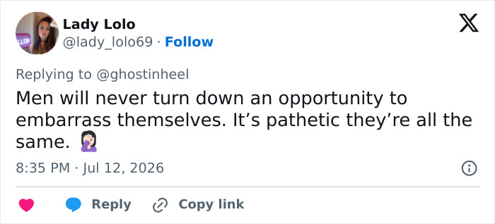 Screenshot of a tweet from Lady Lolo saying, Men will never turn down an opportunity to embarrass themselves, in response to the viral World Cup moment. Screenshot of a tweet from Lady Lolo saying, Men will never turn down an opportunity to embarrass themselves, in response to the viral World Cup moment.