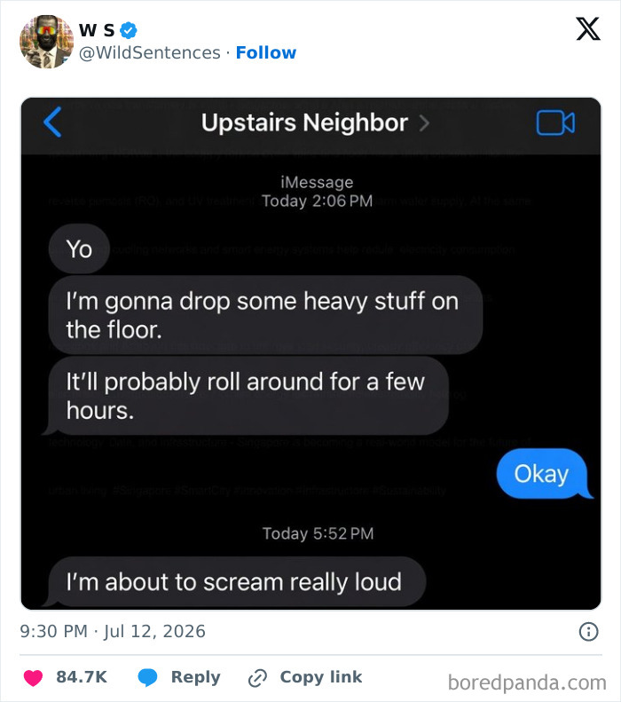 An unhinged tweet showing iMessage texts from an upstairs neighbor about dropping heavy stuff and screaming loudly.