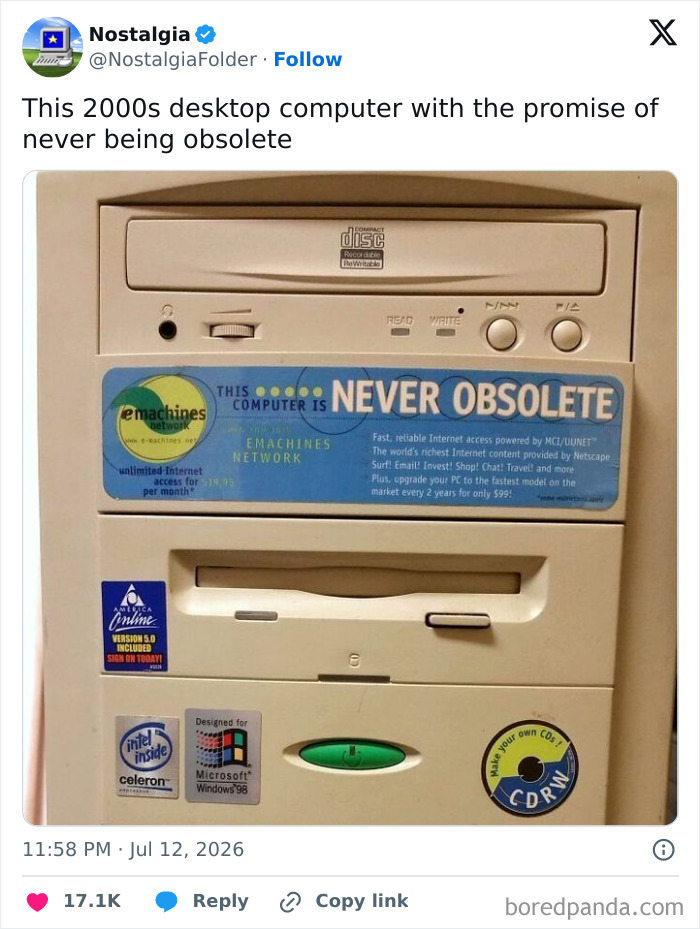 A close-up of a vintage 2000s desktop computer, showcasing its 'Never Obsolete' sticker, a nostalgic tech memory.