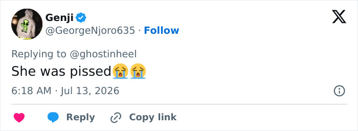 A tweet from Genji saying 'She was pissed' about the viral World Cup moment. A tweet from Genji saying 'She was pissed' about the viral World Cup moment.