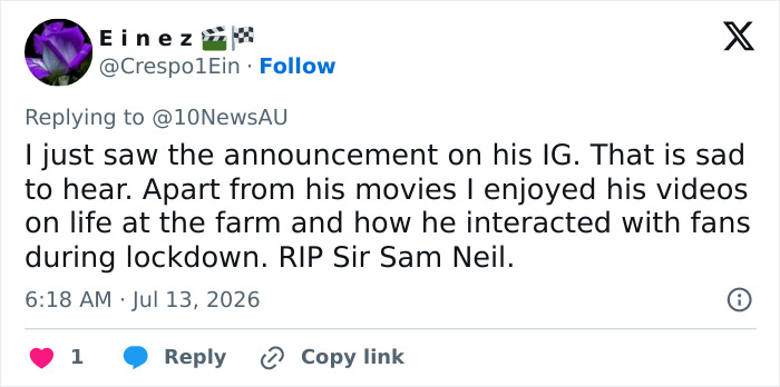 'Jurassic Park' Star Sam Neill Passes Away: "Sudden And Unexpected"