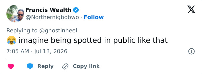 A tweet from Francis Wealth laughing at the idea of being spotted like the viral World Cup couple in public. A tweet from Francis Wealth laughing at the idea of being spotted like the viral World Cup couple in public.