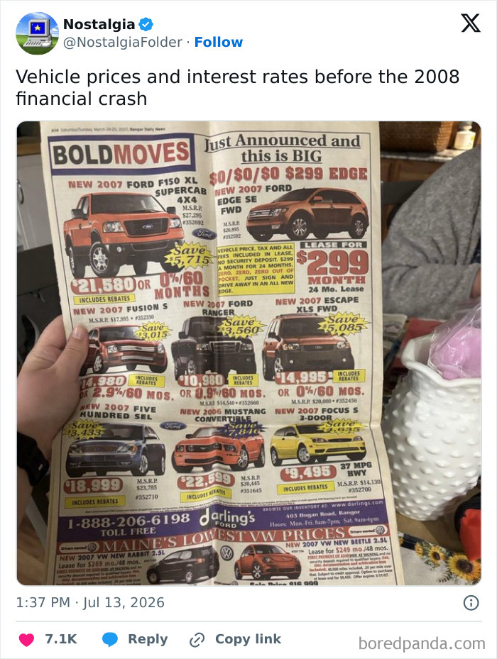 A newspaper advertisement for vehicle prices and interest rates, reminding viewers of financial nostalgia before the 2008 crash.